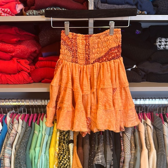 Unbranded orange/red print elastic waistband silk blend tiered skirt size S - Picture 1 of 3